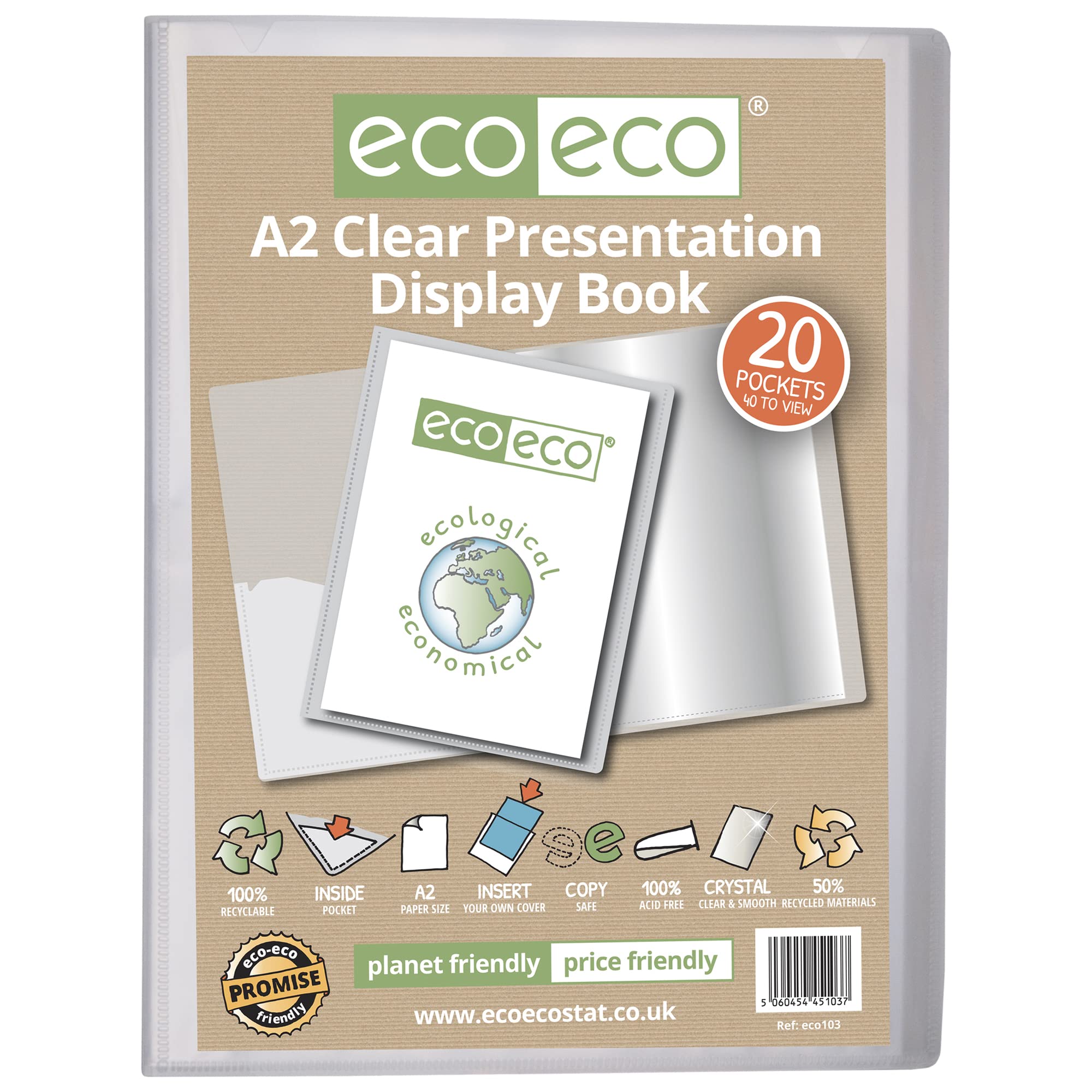 eco-eco A2 Size 50% Recycled 20 Pocket Clear Presentation Display Book, Storage Case Portfolio Art Folder with Plastic Sleeves, eco103