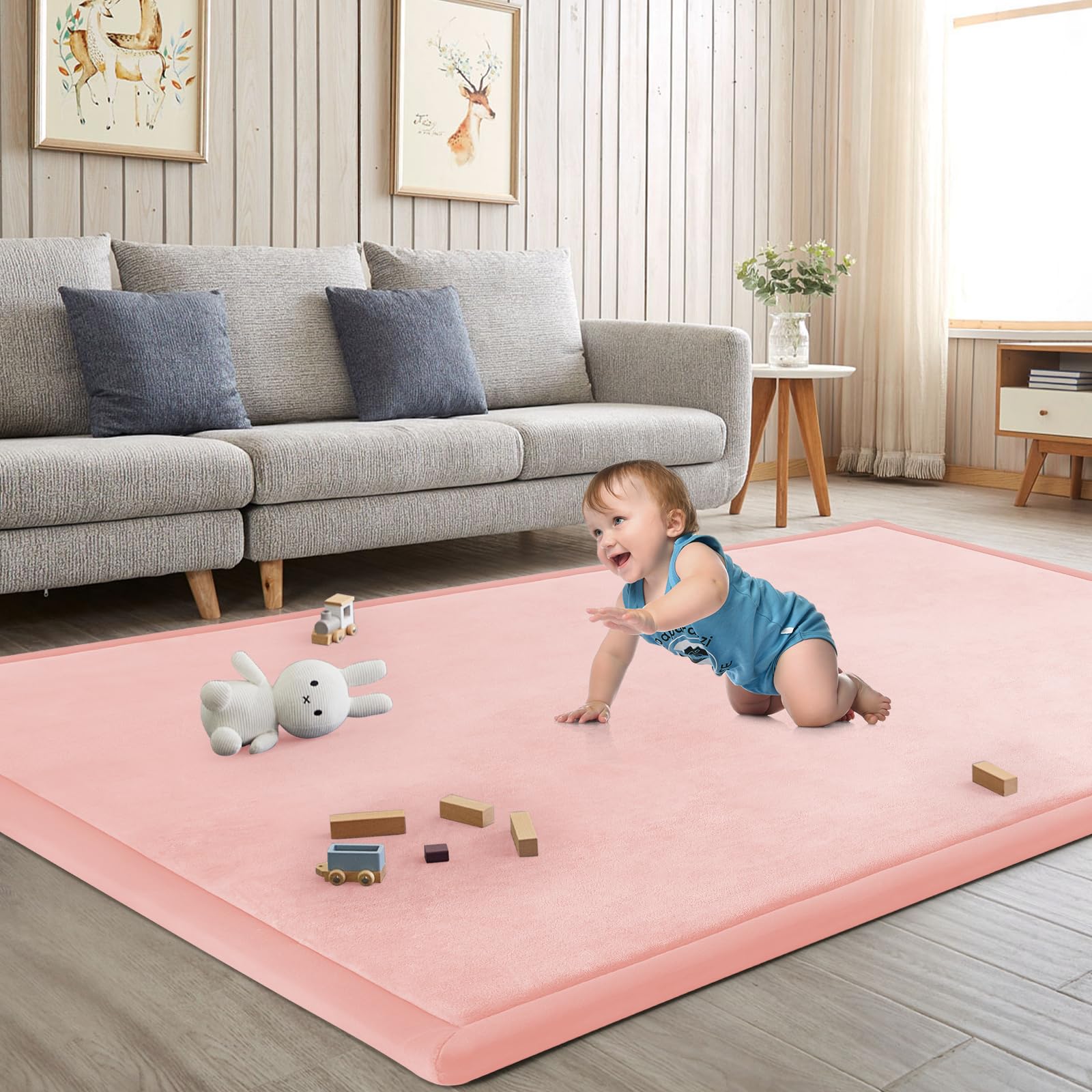 Photo 1 of ILPEOD Baby Play Mat for Floor Tummy Time Mat Nursery Muscle Area Rug Playroom Rug Tatami 47"*47" Memory Foam 1.3" Thick Crawling For Babies,Toddlers, Infants, Kids,Floor(Pink)