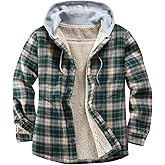 Derbars Men's Cotton Plaid Shirts Jacket Fleece Lined Flannel Shirts Sherpa Button Down Jackets with Hood for Men