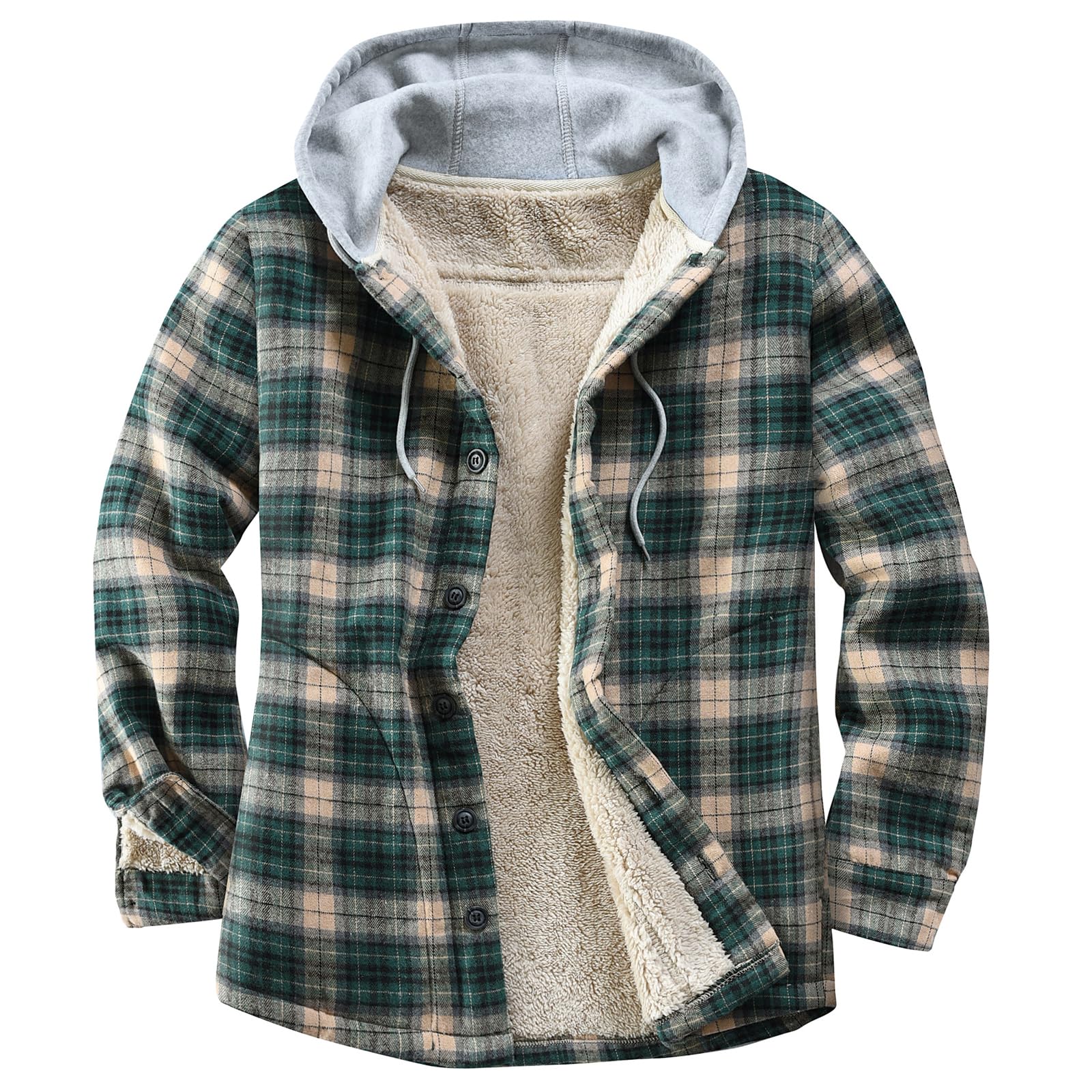 Derbars Men's Cotton Plaid Shirts Jacket Fleece Lined Flannel Shirts Sherpa Button Down Jackets with Hood for Men Green XX-Large Image