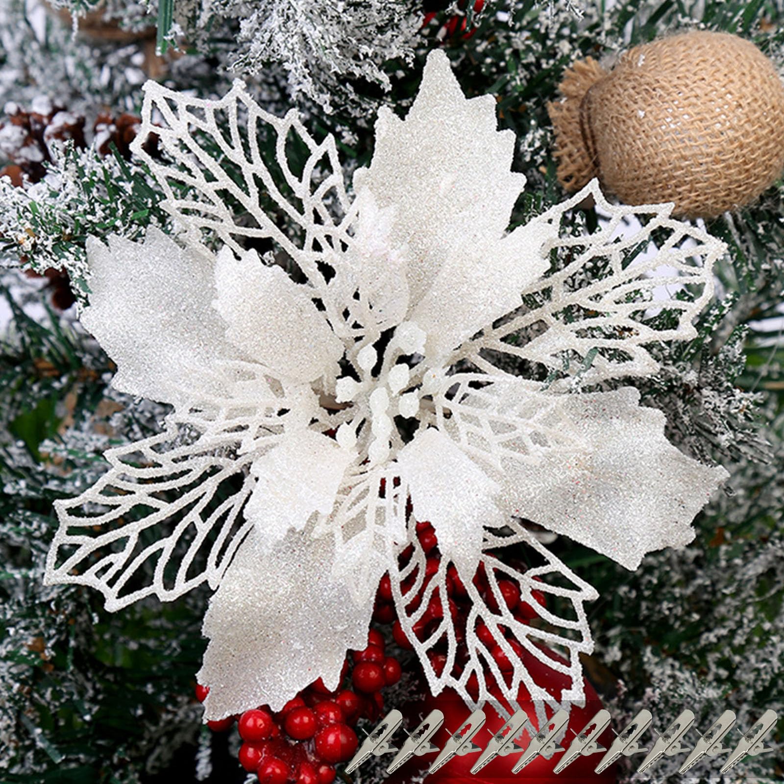 Yueshop 10pcs Christmas Glitter Poinsettia Large Flowers 16CM Decorative Flowers (White)
