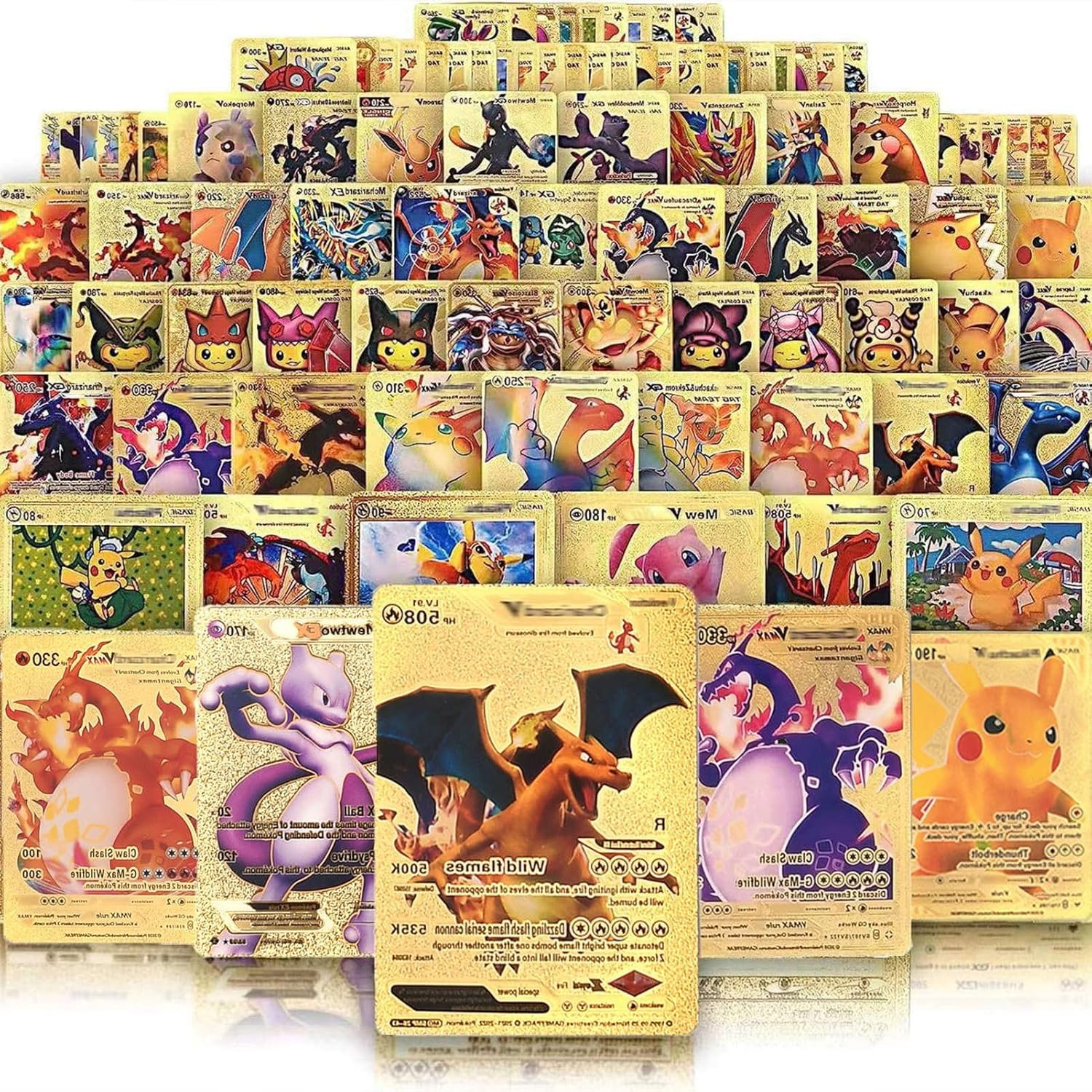 55pcs Pokémon Gold Cards Collection with Foils in Any Combination and at Least 1 Rarity, GX, EX, FA, Tag Team or Secret Rare