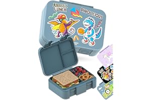 BEARFOOT Kids Lunch Box with Compartments – Compact & Lightweight | Leak-Proof, BPA-Free, Dishwasher & Microwave Safe | Hand-Drawn Design for Preschool, School, Travel (Dinos Blue, 2.75 Cups)