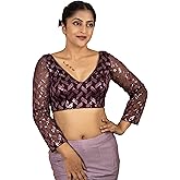 FIGURE'S DESIGNER Women's Sequin Embroidered V Neck Fancy 3/4th Sleeves Designer Net Padded Readymade Saree Blouse E10