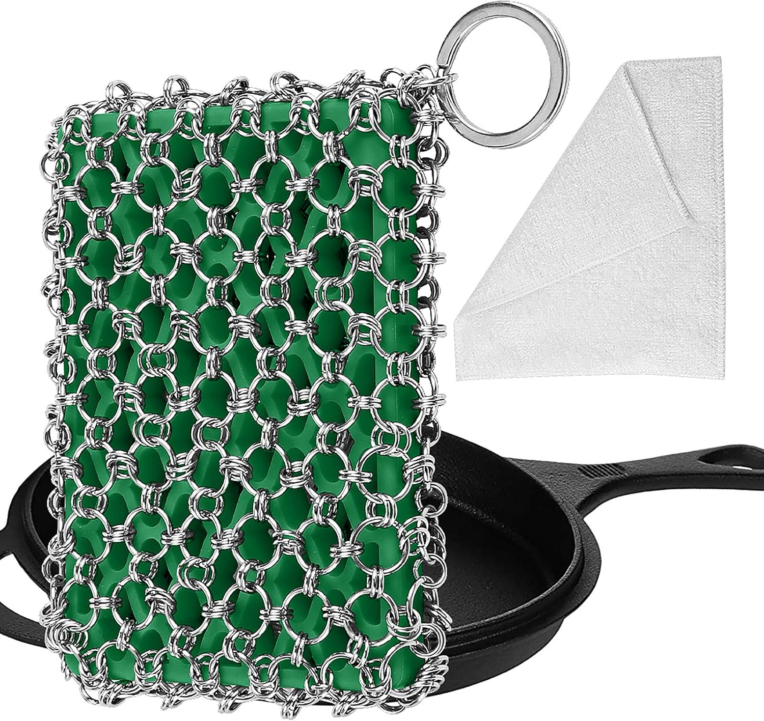 Herda Cast Iron Skillet Cleaner,Upgraded Chainmail Scrubber Set Silicone Insert with Bamboo Fiber Cloth,316 Stainless Steel 3D Chain Metal Scrubber Scraper for Castiron Pan,Griddle,Baking Pan (Green): Health & Personal Care