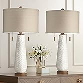 Possini Euro Design Kingston Mid Century Modern Table Lamps 32 3/4" Tall Set of 2 White Textured Ceramic Taupe Drum Shade Dec