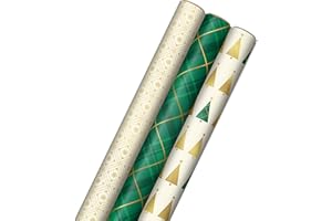 Hallmark Elegant Christmas Wrapping Paper with Cut Lines on Reverse (3 Rolls: 120 sq. ft. ttl) Gold Trees, Emerald Green Plaid, Gold Geometric Snowflakes