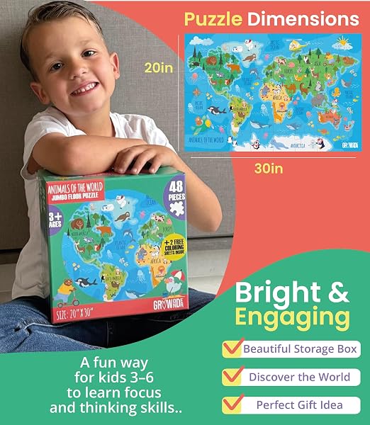 FLOOR PUZZLES FOR KIDS AGES 3-5 4-6 EDUCATIONAL 48 PIECE ANIMALS OF THE WORLD WITH 2 GIANT COLORING POSTERS PRESCHOOL LEARNING TOY GEOGRAPHY CONTINENTS OCEANS FUN GIFT SCREEN FREE FAMILY PLAYTIME