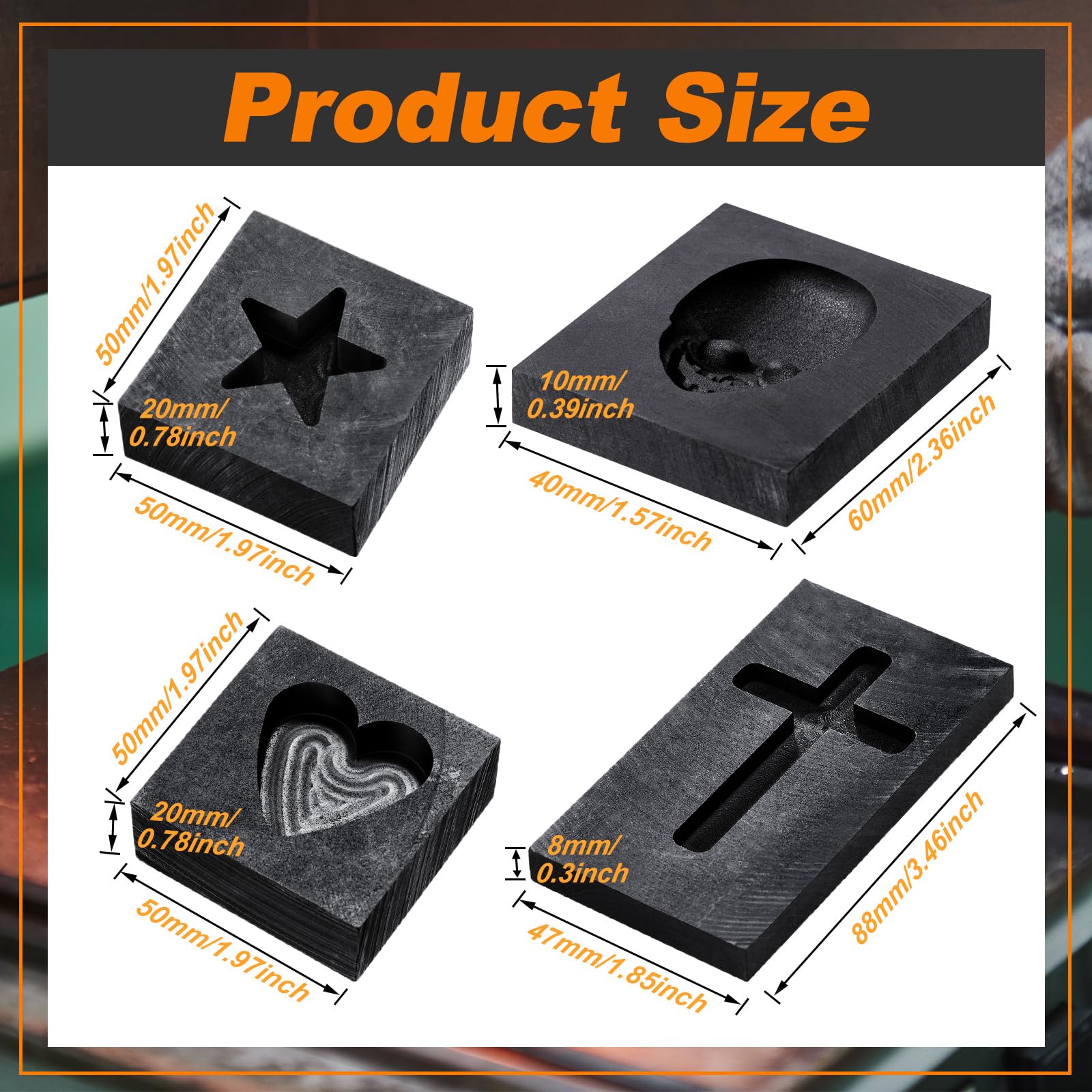 Gisafai 4 Pcs Graphite Casting Ingot Molds Heart Star Skull 3D Cross Refining Scrap Melting Casting Mold for Smelting Gold Silver Metal Aluminum Copper Brass Zinc