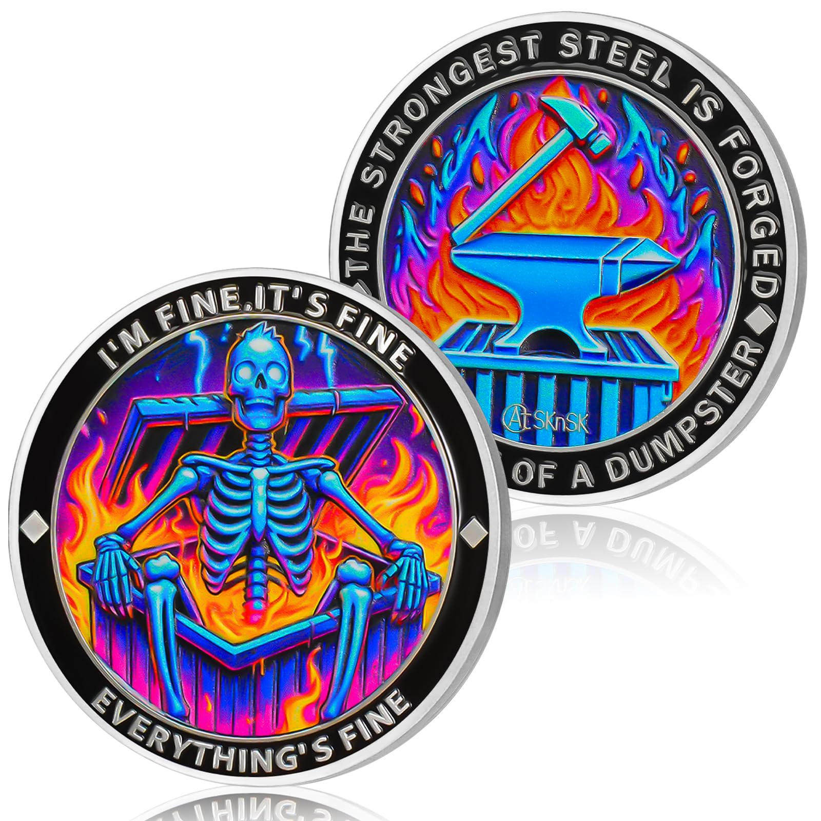 Purple Flame Skeleton Dumpster Fire Coin, I'm FINE Dumpster Fire Challenge Coin - Funny Office Desk Accessories - Novelty Coins Pocket Token - Inspirational Office Gifts for Men Women