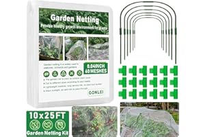 GonLei 10x25FT Garden Mesh Netting Kit Raised Beds (6 Pcs Garden Hoops & 18 Clips) Garden Hoops Plant Row Covers Netting Protection Berry Bush Trees Grass Seed Barrier Net