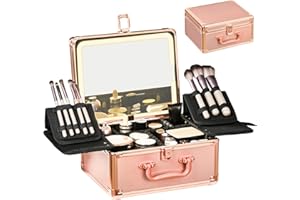 GALHUBIS Makeup Case with Lighted Mirror, Makeup Box Organizer with Detachable LED Mirror, Travel Makeup Train Case, Waterproof Cosmetic Organizer, Standing Brush Holder, Gift, Rose Gold
