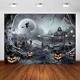 Avezano 10x7ft Gray Halloween Backdrop Spooky Photography Background | Cotton Fabric, Full Moon Castle Pumpkin Witch Bat Print, Halloween Cemetery Party Photo Booth Wall Decor Banner