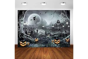 Avezano Halloween Photography Backdrop Full Moon Scary Night Castle Pumpkins Party Background Spooky Witch Bats Cemetery Child Kids Halloween Party Decorations Photoshoot Backdrops (7x5ft, Gray)