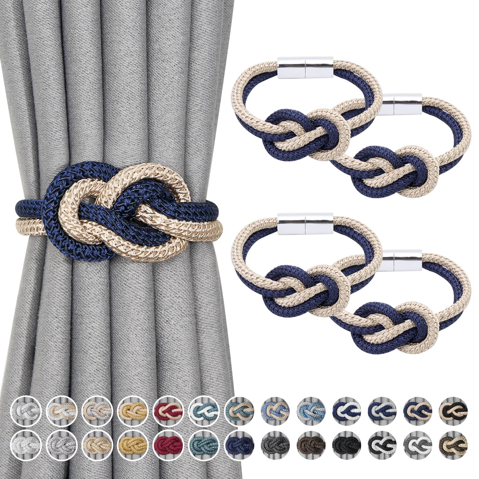 Pretty Jolly 4 Pack Mini Magnetic Curtain Tiebacks Nordic Simple Style Drape Tie Backs Elegant Hand Weave Rope Knot Decorative Curtain Holdbacks for Home & Office Window Drapery (Dark Blue & Beige)