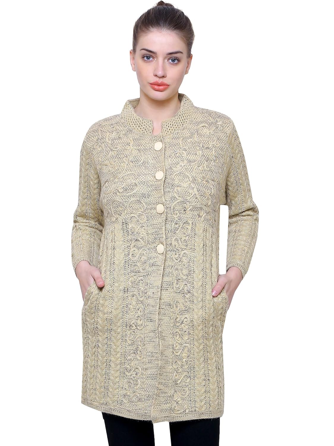 matelco women's wool embroidered buttoned long cardigan