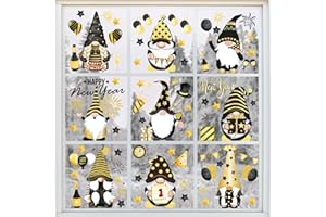 Whaline 9 Sheets Happy New Year Window Cling Stickers Black Gold Gnomes Reusable Window Decals for Christmas New Year Party Home Office Classroom Decoration
