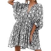 Womens Summer Dresses Casual Boho Floral Babydoll Balloon Sleeve Half Open Tether Flowy Short Beach Dress