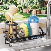 SWTYMIKI Sink Caddy Sponge Holder - Kitchen Sink Organizer with High Brush Holder for Countertop to Hold Dish Soaps and Sponges, Stainless Steel, Black