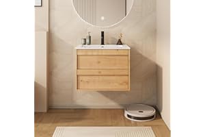 eclife 24" Floating Bathroom Vanity Sink Combo, Wall Mounted Modern Minimalist Storage Cabinet with 2 Drawers, Include Sink, Faucet & Drain, Natural