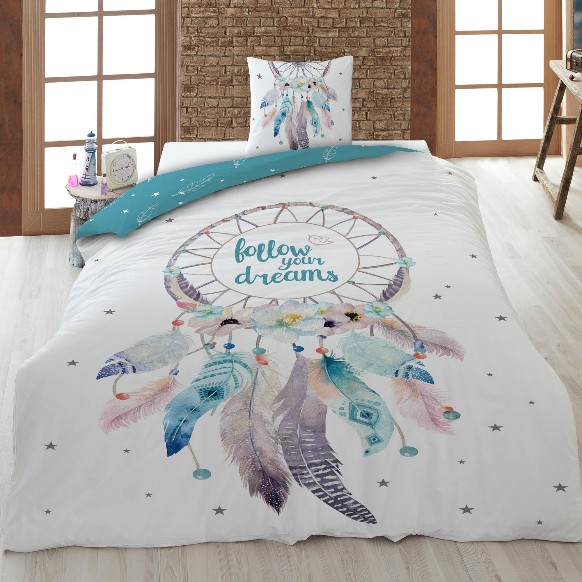 Familando Reversible Modern Bed Linen 135 x 200 cm 80 x 80 cm Dream Catcher Print 100% Cotton Bohamian Girl Cotton Turquoise Blue 135 x 200 cm
