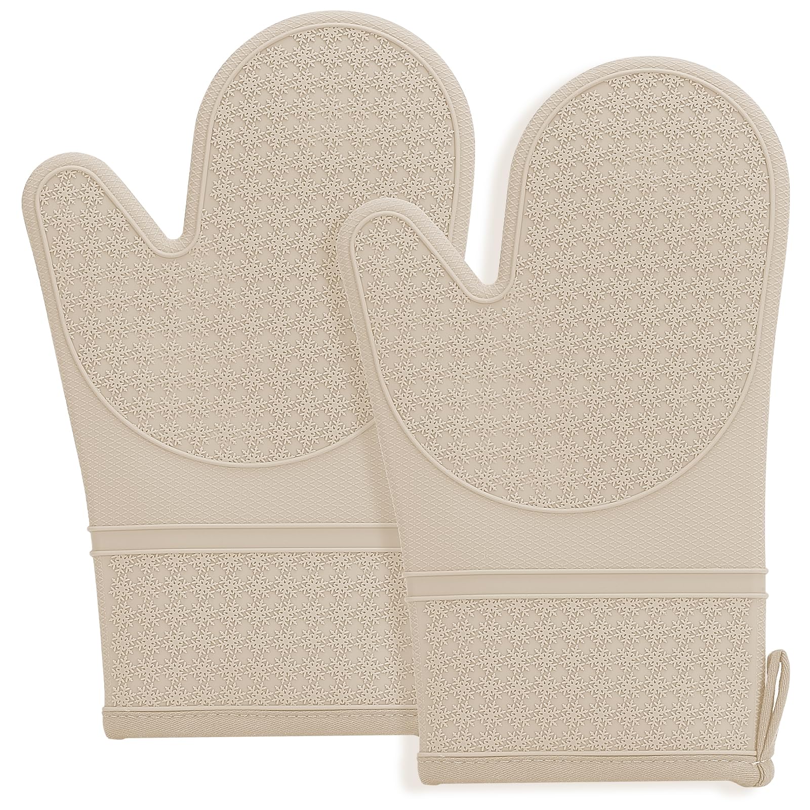 MEETOZ Silicone Oven Mitts, Oven Gloves with Non-Slip Waterproof - 2PCS Oven Mittens Heat Resistant 600 Degree, Soft Lining Silicone Oven Mits for Cooking Baking Kitchen Mittens (Cream-Colored)