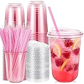 Ziliny 50 Pack 16oz Pink Clear Plastic Cups with Lids and Straws, PET Disposable Drinking Cups, Disposable Iced Coffee Cup for Smoothies, Cold Drinks, Parties, Wedding, Meeting, Drink Shops
