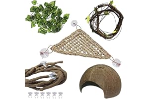 PINVNBY Bearded Dragon Tank Accessories,Lizard Habitat Hammock Reptile Natural Coconut Shell Cave Jungle Climber Bendable Vines Leaves Decor for Gecko Chameleon Snakes Lizards(5 Pcs)