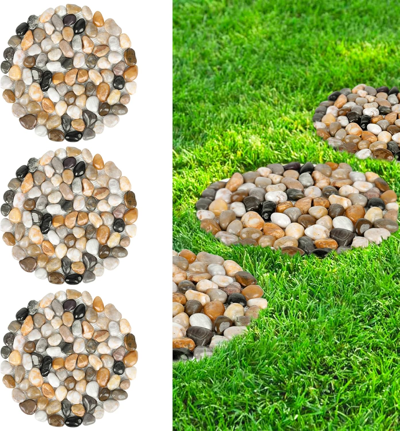Hardscaping Materials - River Rock Stepping Stones Outdoor for Garden Walkway, 10 inch Diameter 3 Pcs Round Shape Paver Step Stones Polished Pebble River Stone Mat for Yard Lawn Patio Pathway Walk Way - Multi-Color