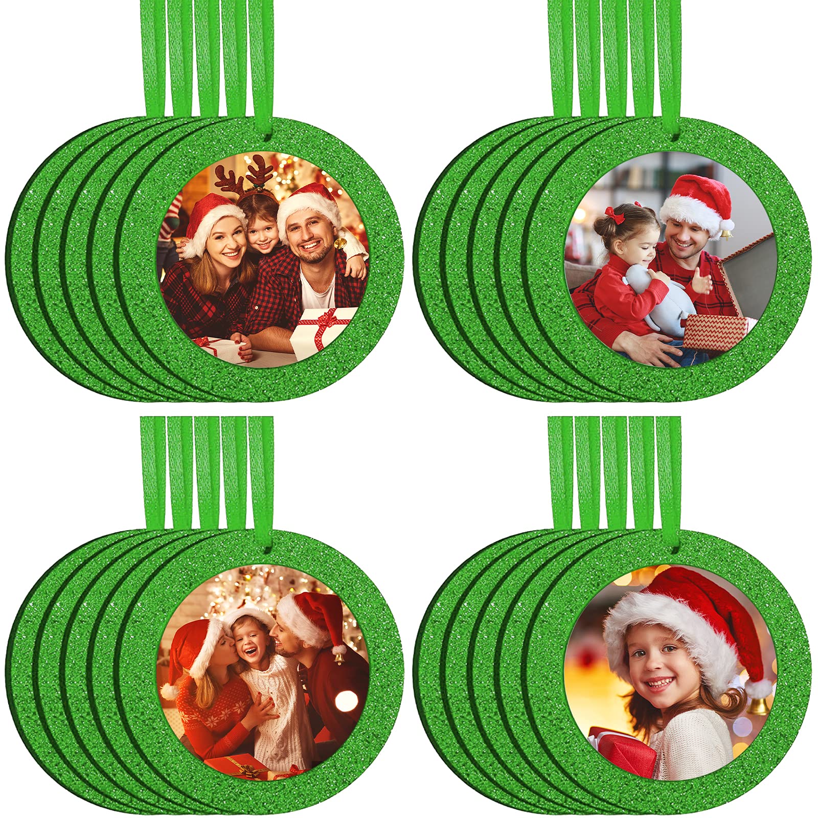 20 Pieces Christmas Photo Ornament Frames Christmas Tree Glitter Picture Frame Felt Hanging Photo Frame for Holiday Christmas Tree Decoration (Green, Round)