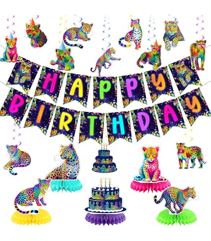 Rainbow Leopard Birthday Banner - Colorful Cheetah Print Happy Birthday Sign, Safari Jungle Theme Decor