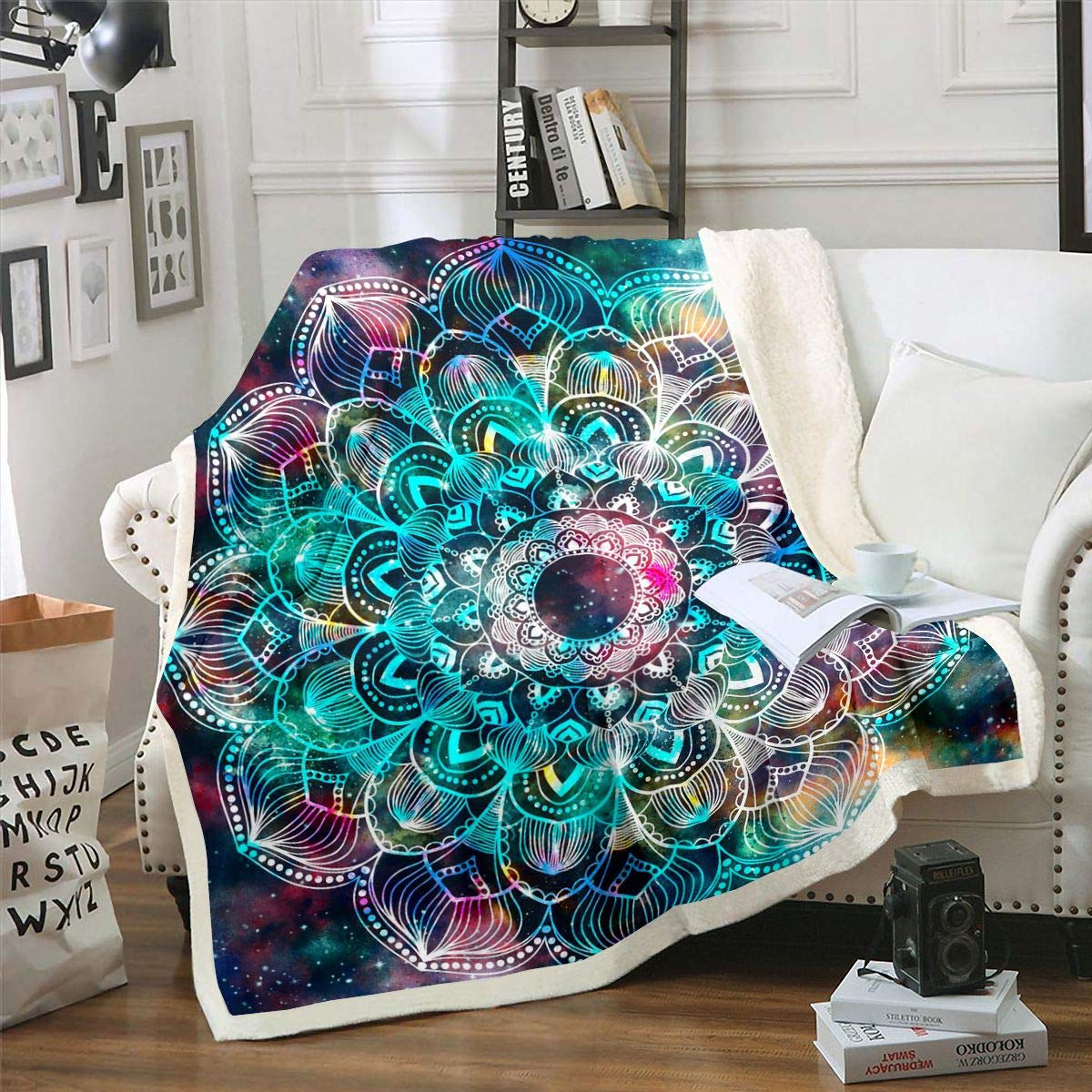 Loussiesd Mandala Fleece Throw Blanket Galaxy Boho Mandala Plush Blanket for Sofa Bed Abstractative Exotic Floral Sherpa Blanket Stars Starry Sky Fuzzy Blanket Bright Double 60x79 Inch
