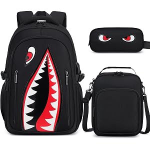 Backpack for Boys, 3PCS Cool Luminous Shark Boy Backpack with Lunch Box | Pencil Case for Kids, Bookbag for Boys Teens Elemen