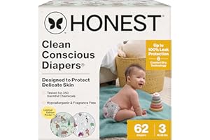The Honest Company Clean Conscious Diapers for Delicate Skin | Up to 100% Leakproof | Hypoallergenic, Fragrance Free | Winter '25 Limited Edition Prints | Club Box, Size 3 (16-28 lbs), 62 Count