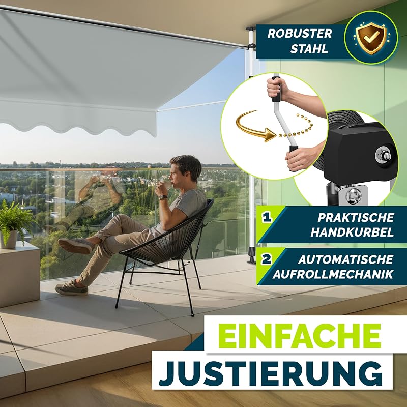 Klemmmarkise 250cm breit mit Handkurbel | Balkonmarkise ohne Bohren