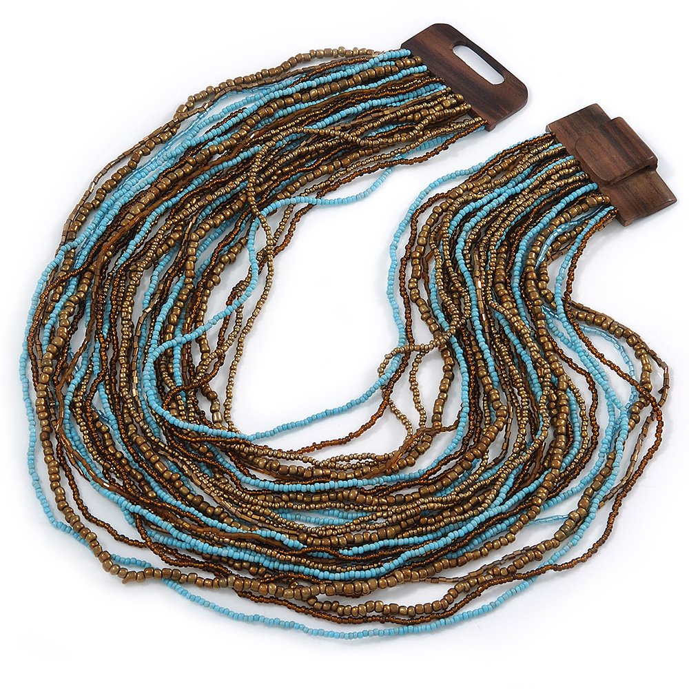 Avalaya Light Blue/Bronze/Brown Glass Bead Multistrand, Layered Necklace With Wooden Square Closure - 52cm L