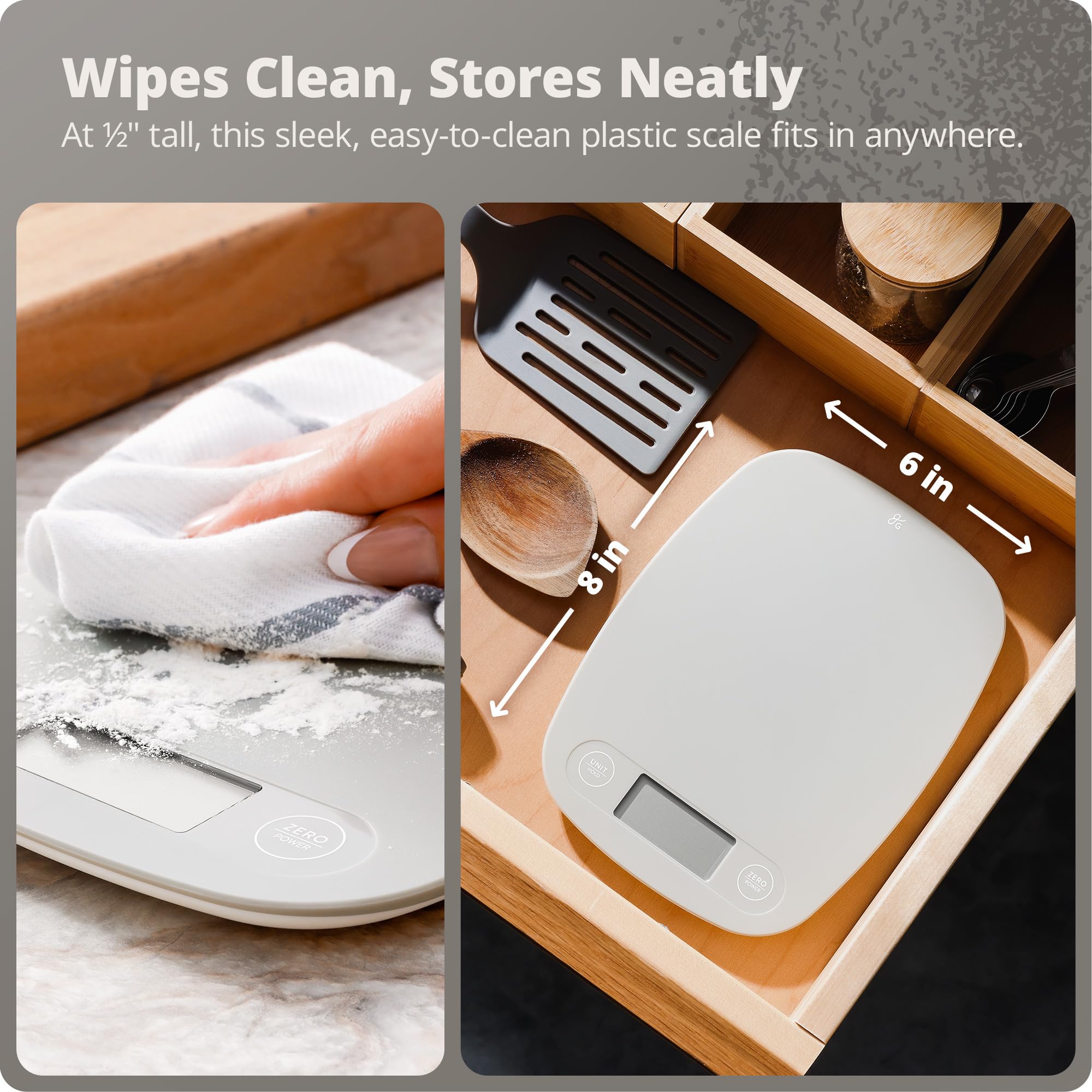 Greater Goods Slim Digital Kitchen Scale 11lb/5kg – Compact Food Scale with 1g Increments for Everyday Cooking, Baking & Meal-Prep, Lightweight Plastic Design, Non-Backlit Display, Battery Included