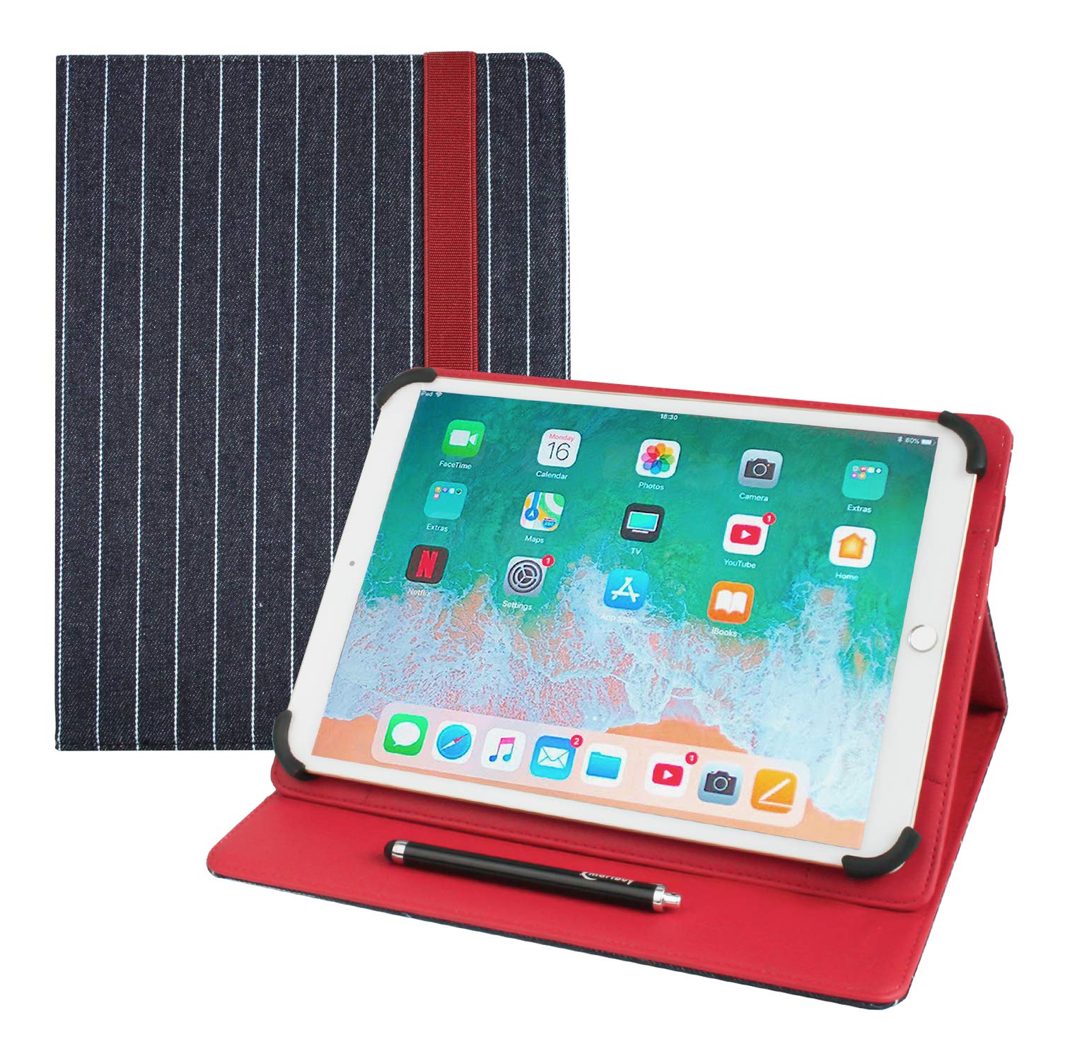 Emartbuy Universal 9.1 Inch - 10.5 Inch Denim Straight Line Multi Angle Folio Wallet Case Cover With Card Slots and Stylus Pen Compatible With Selected Devices Listed Below