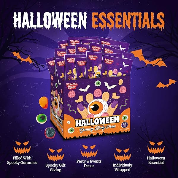 15 PACK HALLOWEEN GUMMY BODY PARTS – 5 PCS PER BAG (75PCS PER BOX ) HOLIDAY THEMED GUMMY CANDY – TRICK OR TREAT DELICIOUS CANDYS – BULK HALLOWEEN CANDY’S GREAT USE, FOR KIDS, TRICK OR TREAT, PARTY FAVOR, CLASSROOMS, GOODIE BAGS