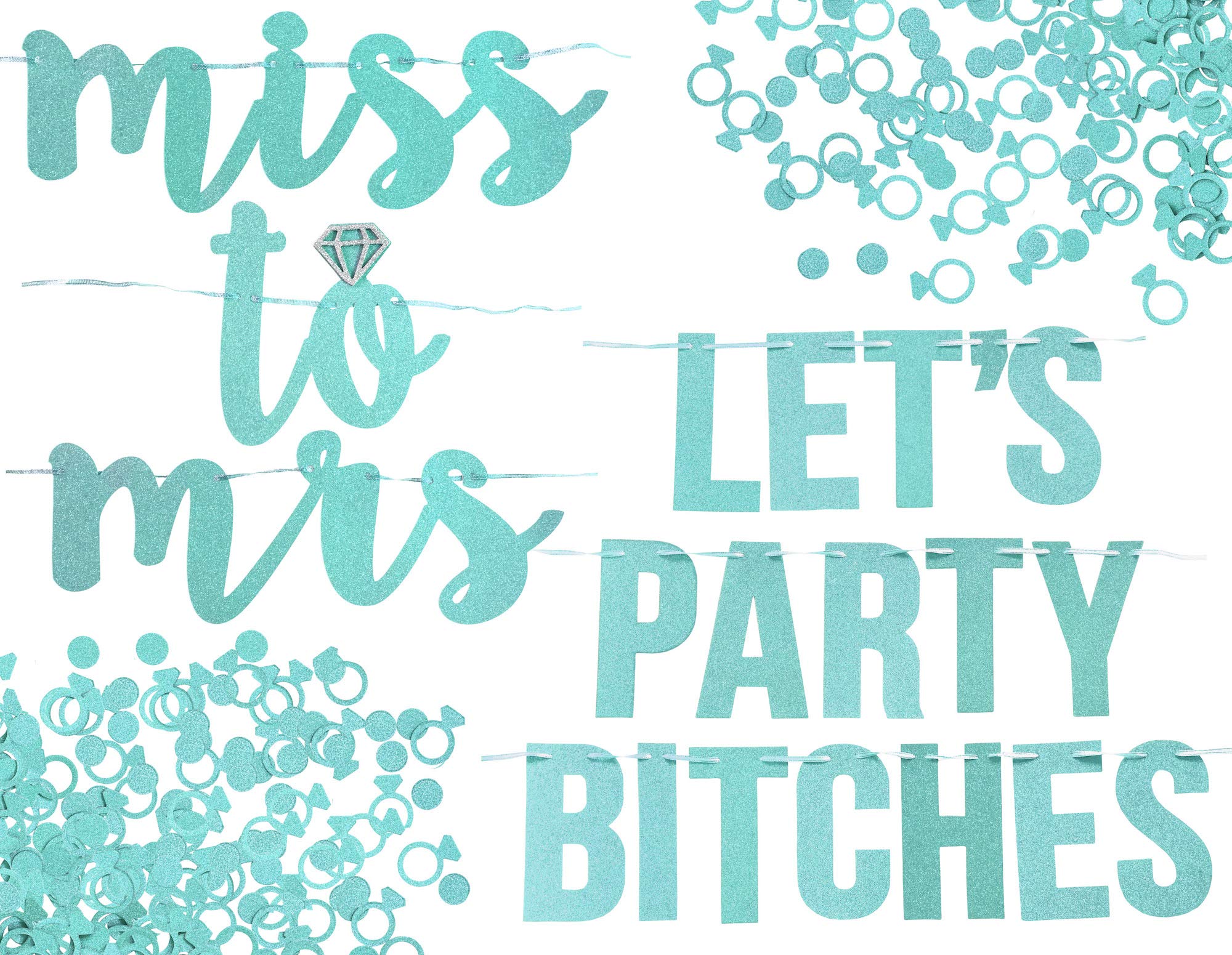 Miss to Mrs, Let's Party es Banner Set. Bachelorette, Engagement or Wedding Party Decorations. 2 Sparkly Banners with Super Fun Diamond Ring and Circle Confetti (Aqua)