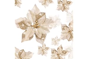 WILLBOND 36 Pieces Christmas Poinsettia Glitter Faux Flowers Christmas Artificial Flowers Tree Ornaments Topper Xmas Decorations(Gold)