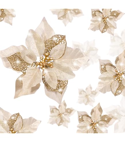 36 Fleurs De Poinsettia à Paillettes Dorées - Déco Noël, Mariage, Sapin