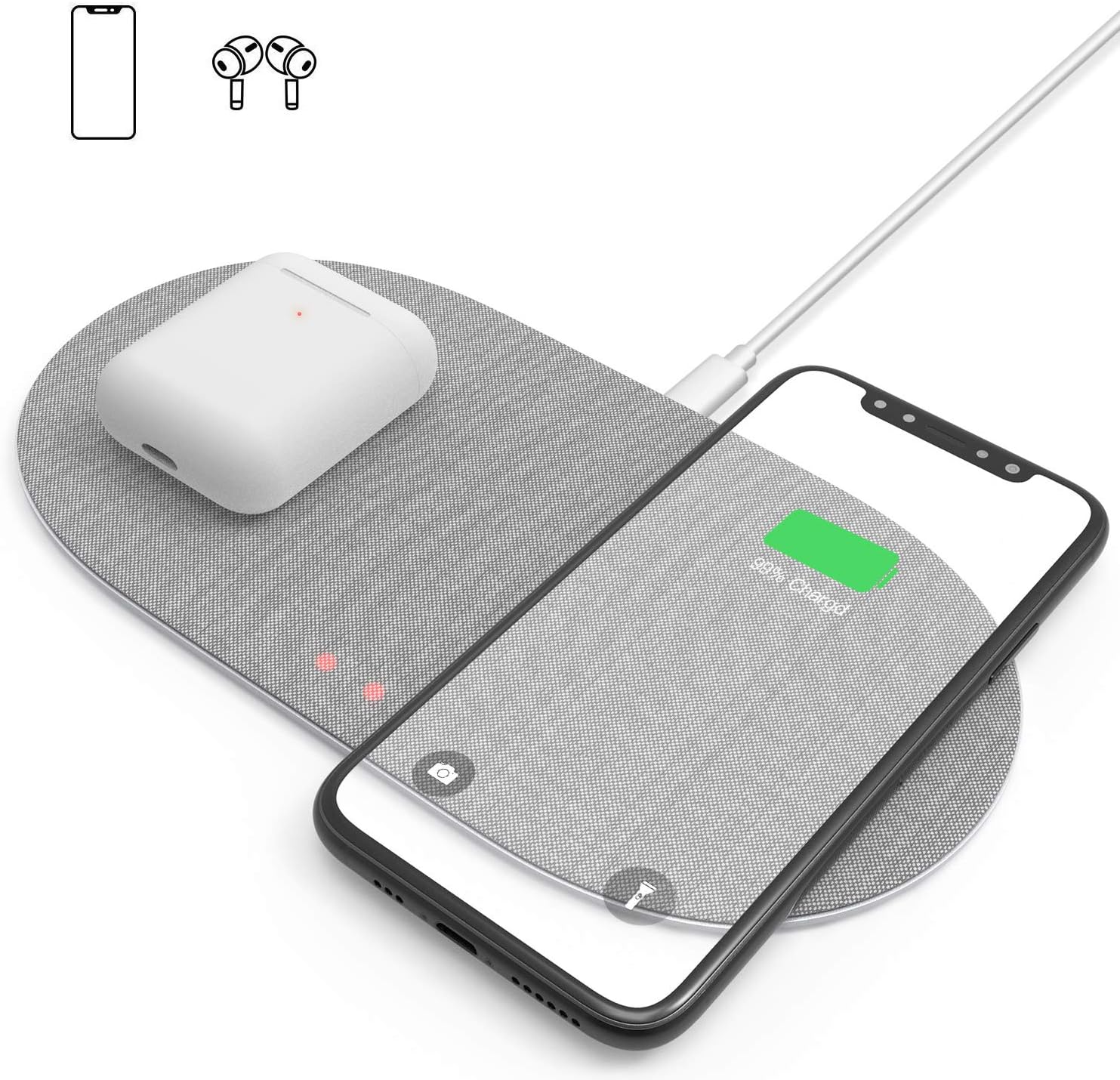 Dual Wireless Charger Pad, 10W/7.5W Double Qi Fast Wireless Charging Pad for AirPods Pro iPhone SE 11 Pro Max XS XR 8 Samsung Note 10 9 8 Galaxy S10 Plus Huawei Mate 30 20 P40 30 (No Adapter) - Grey