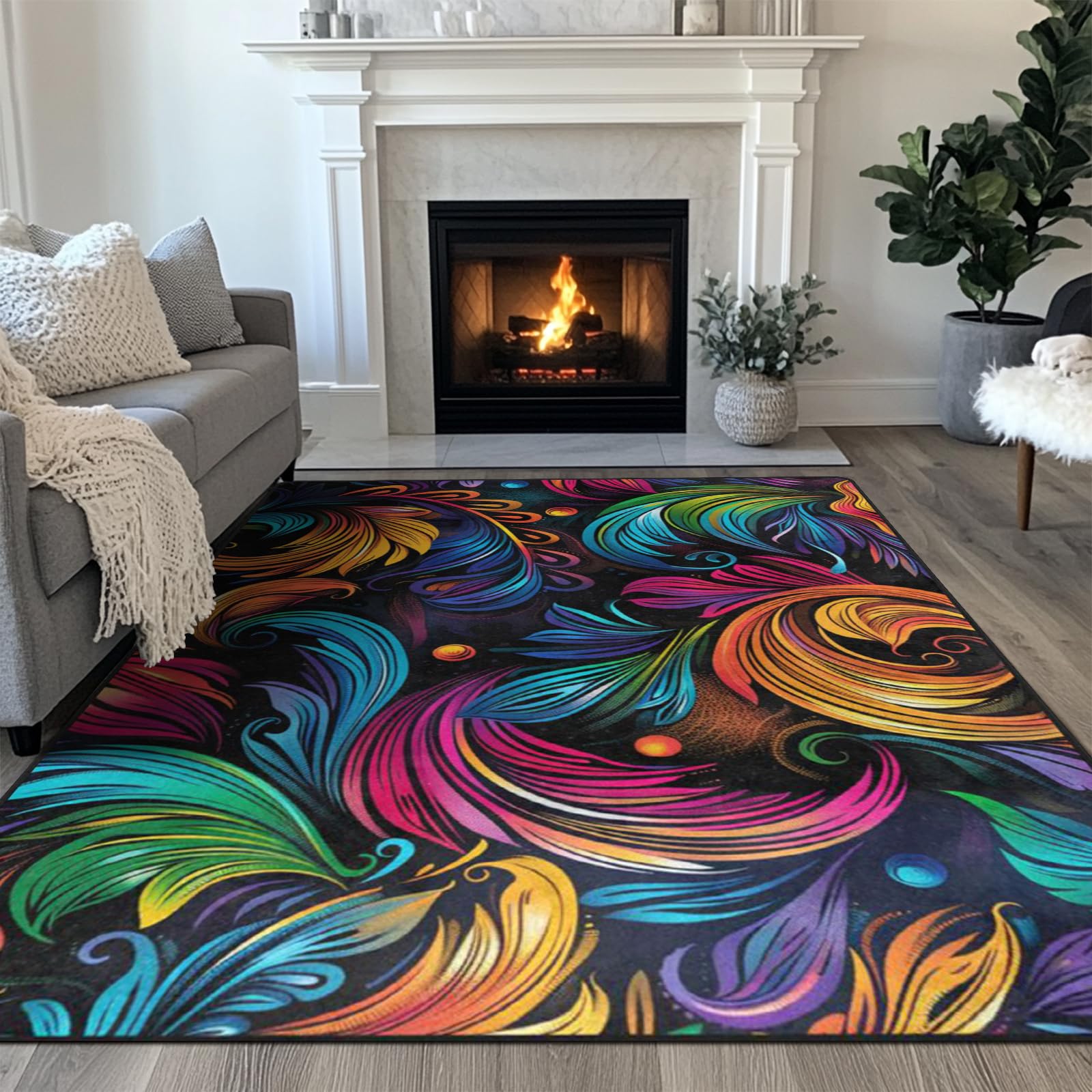 Photo 1 of AQQA 5x7 Area Rugs for Living Room, Colorful Feathers Modern Abstract Area Rug, Washable Kids Rugs for Playroom, Non Slip Soft Nursery Rug, Stain Resistant Large Carpet for Bedroom, Artistic Design