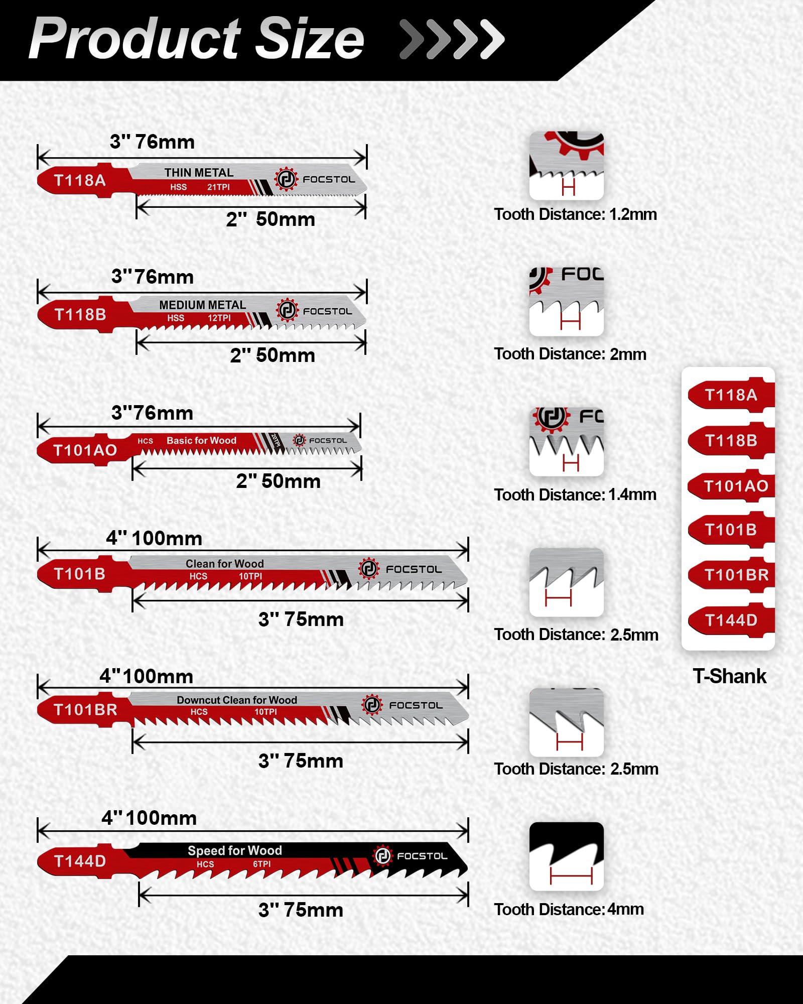 FOCSTOL Stichsägeblatt Set 50tlg mit Aufbewahrungskoffer - HSS/HCS T-Schaft Stichsägeblätter zum Schneiden von Metall, Holz und Kunststoff (T118A, T118B, T101AO, T101B, T101BR, T144D) 2