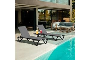 DOMI OUTDOOR LIVING Domi Pool Lounge Chairs Set of 2 with Side Table, Aluminum Adjustable Outdoor Chaise Lounge with Wheels, All Weather Poolside Chairs for Deck Lawn Patio Backyard, Textilene- Gray