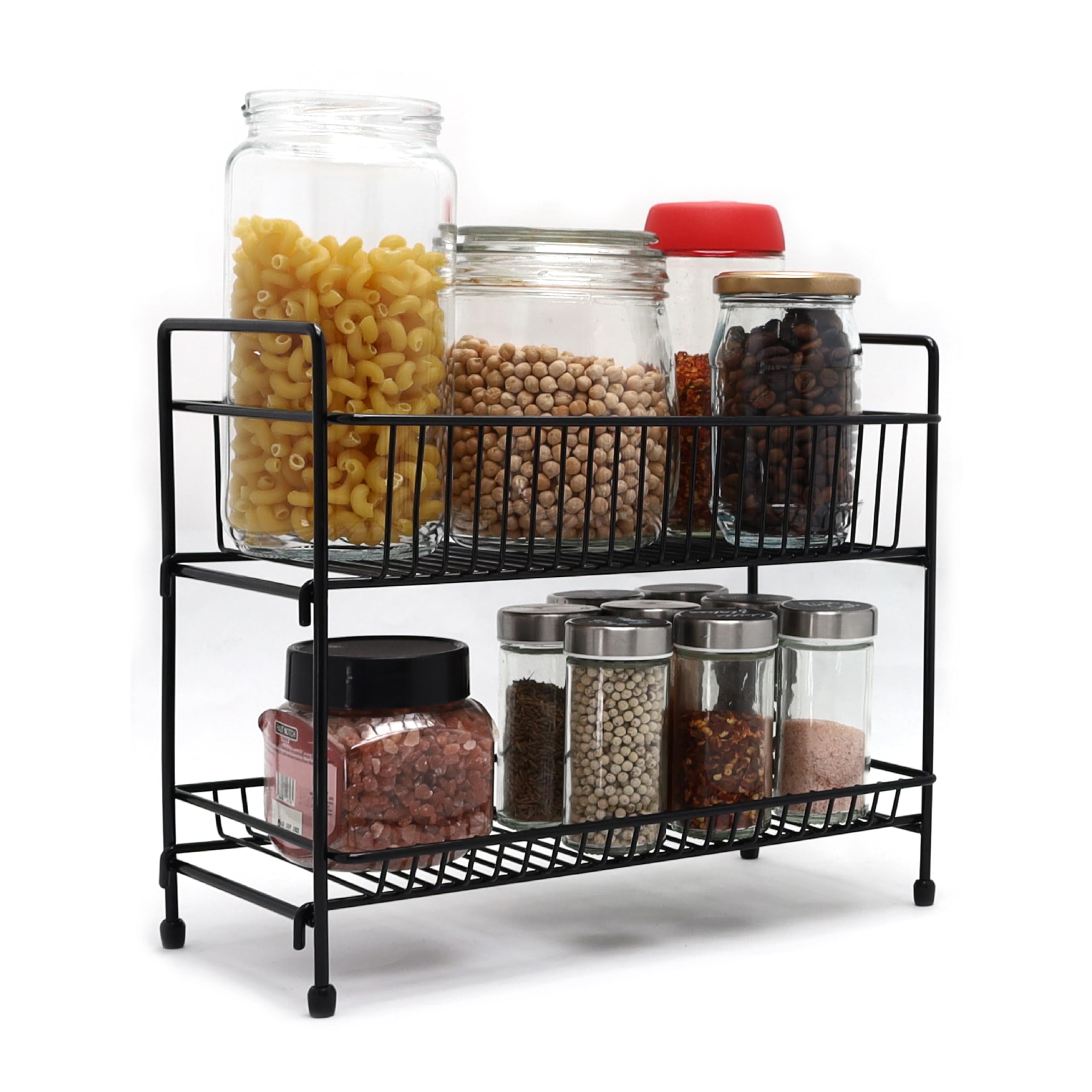 Buckingham Free Standing Two Tier Multi-Purpose Jar Spice Organiser Storage Rack, Steel, Black, 30 cm