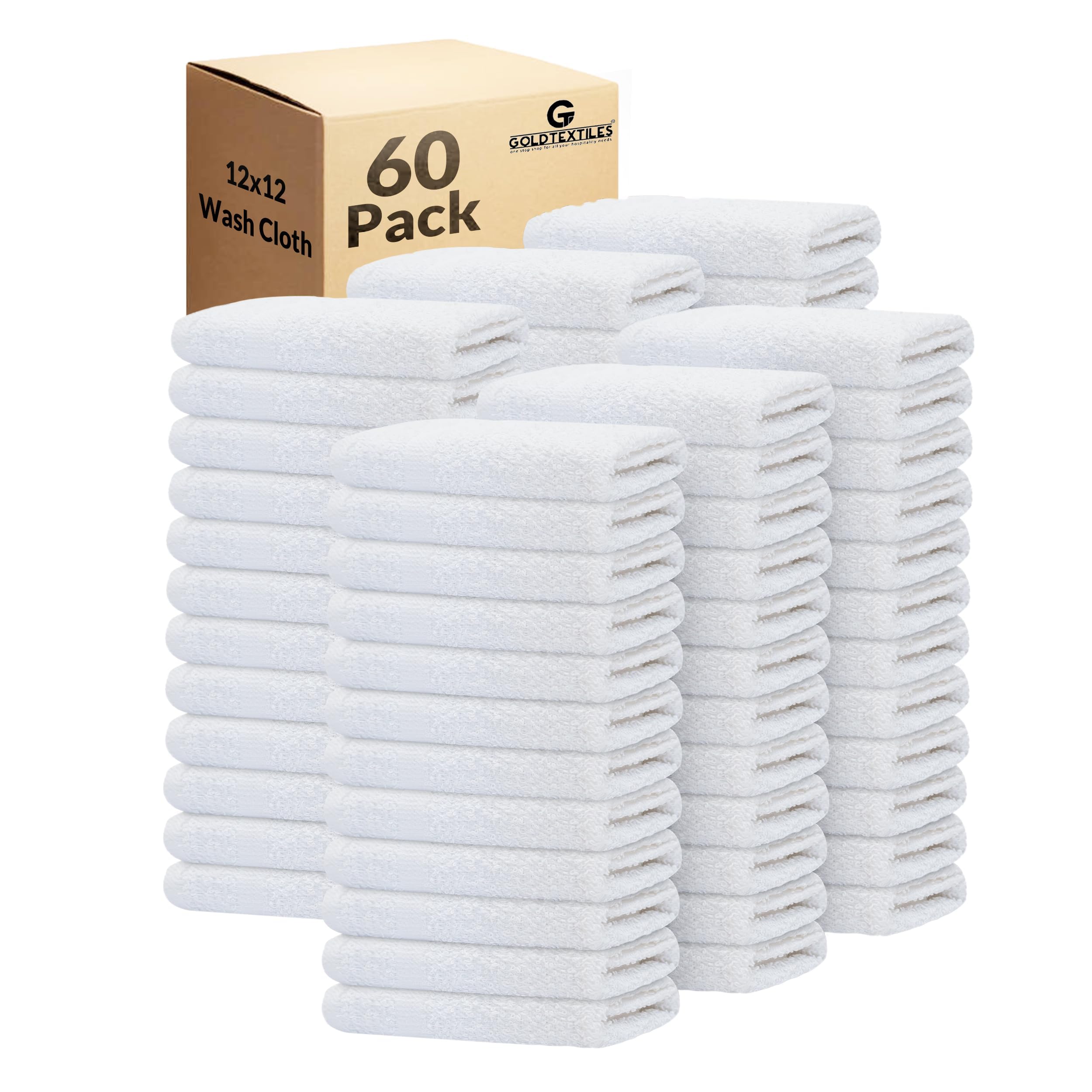Photo 1 of GOLD TEXTILES 60 Pack Economy White Washcloths Set (12x12 inches) - Cotton Blend Commercial Grade Cleaning Rags, Quick Drying & Soft Face Cloths, Fingertip Towels for Bathroom, Spa, Gym, and Kitchen
