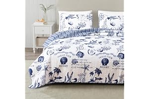 GREAT BAY HOME Full / Queen Coastal Quilt Bedding Set, Summer Coastal Quilt with Shams, Beach 3-Piece Reversible All Season Bedspread Quilt Set. Lightweight Nautical Quilted Coverlet. Catalina Collection, Navy
