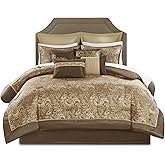 Madison Park Essentials Brystol 24 Piece Room in a Bag Faux Silk Comforter Jacquard Paisley Design Matching Curtains Down Alternative Hypoallergenic All Season Bedding-Set, Queen(90"x90"), Brown